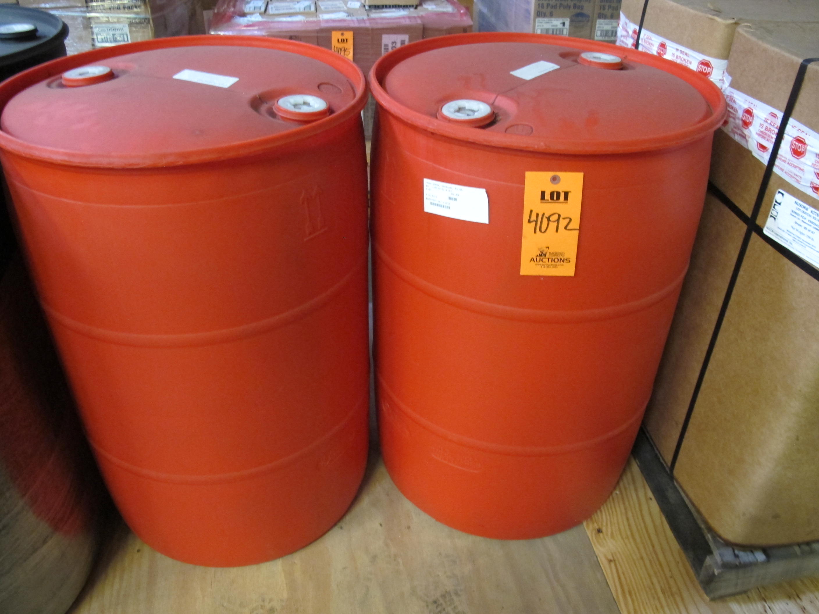 LOT TO INCLUDE: (2) DRUMS, STORAGE TYPE, 55 GALLON CAPACITY, HAZARDOUS WASTE REPACK/SHIPPING KIND, POLYETHYLENE MATERIAL. CLOSED HEAD. RED COLOR. 2" NPT OPENING AND 2" BUTTRESS OPENING WITH A 3/4" NPT CENTER REDUCER, (4) DRUM, STORAGE TYPE, 55 GALLON CAPACITY, HAZARDOUS WASTE REPACK/SHIPPING KIND, POLYETHYLENE MATERIAL. CLOSED HEAD. BLACK COLOR.2" NPT OPENING AND 2" BUTTRESS OPENING WITH A 3/4" NPT CENTER REDUCER. LOADING & HANDLING FEE $15-4092